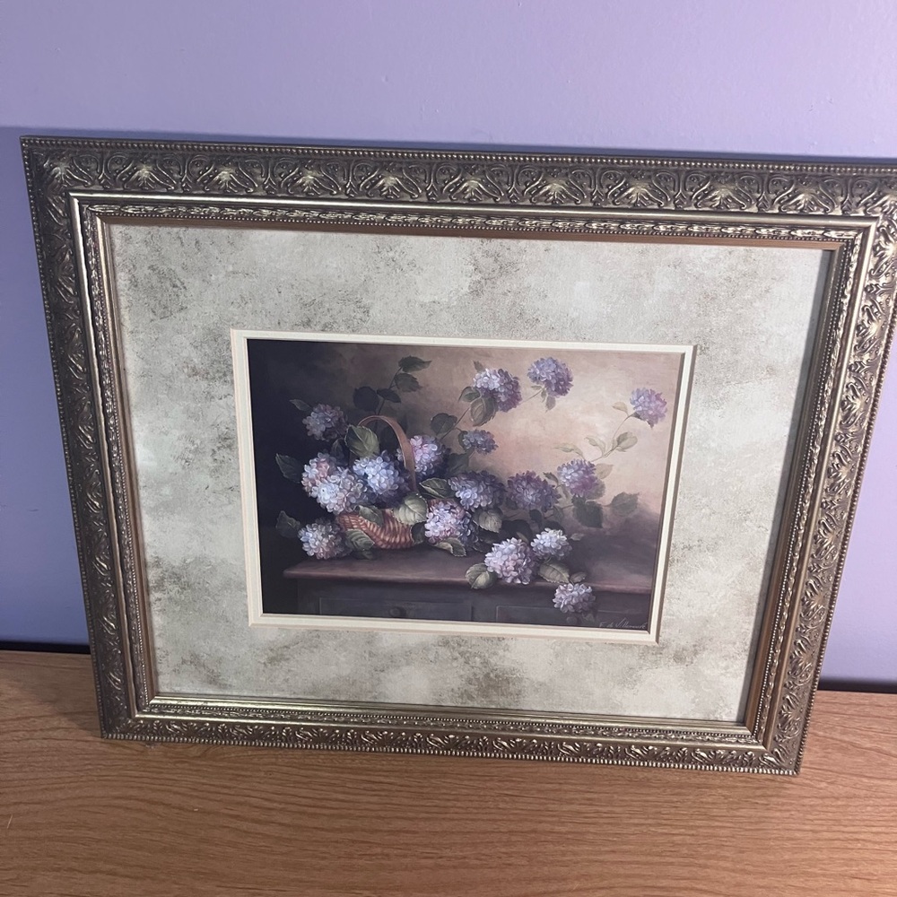 Framed Floral Artwork 15x13 Fabrice de Villanueve Hydrangeas in violet - Picture 5 of 14
